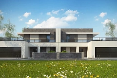 Современный проект домов-близнецов с большим гаражом и террасой на втором этаже.