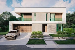 Современный двухэтажный дом с плоской кровлей и панорамным остеклением