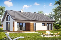 Дом традиционной формы с современными архитектурными дополнениями. Свободная планировка мансарды и антресоль над гостиной.