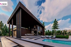 Современный двухэтажный дом с плоской кровлей и навесом для автомобиля