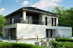 Коттедж в современном стиле с гаражом на две машины и террасой на втором этаже