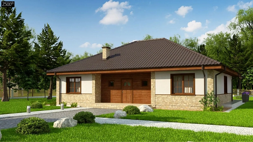 Одноэтажный дом с 4-х скатной кровлей и уютной террасой.