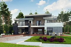 Красивый и комфортный дом с плоской кровлей, гаражом на две машины и просторными террасами.