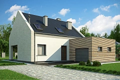 Проект дома с мансардой, террасой на первом этаже и гаражом на одну машину.