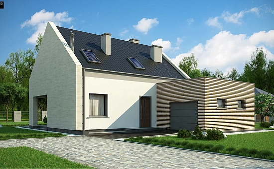 Проект дома с мансардой, террасой на первом этаже и гаражом на одну машину.