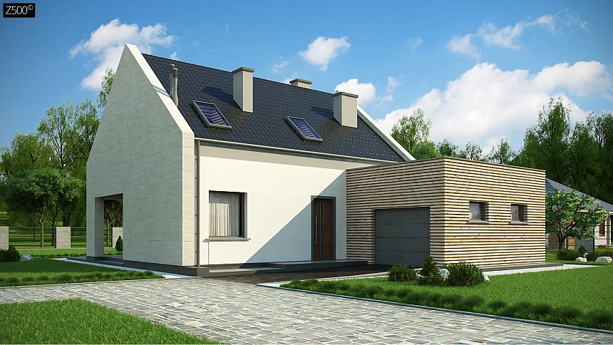 Проект дома с мансардой, террасой на первом этаже и гаражом на одну машину.