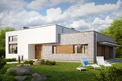 Одноэтажный практичный дом с плоской крышей современного дизайна.