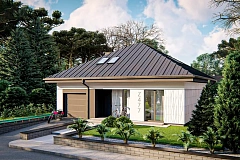 Дом с мансардой, 4-х скатной кровлей и гаражом на одну машину.