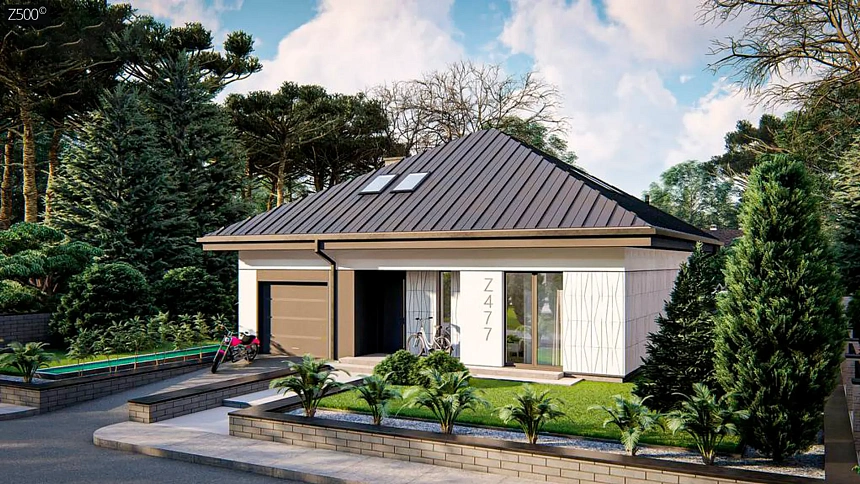 Дом с мансардой, 4-х скатной кровлей и гаражом на одну машину.