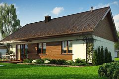 Аккуратный одноэтажный дом с деревянной отделкой на фасадах.