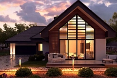 Одноэтажный дом в современном стиле, с многоскатной крышей и гаражом на два автомобиля. Увеличенная версия проекта Z402