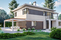 Современный двухэтажный проект дома с навесом