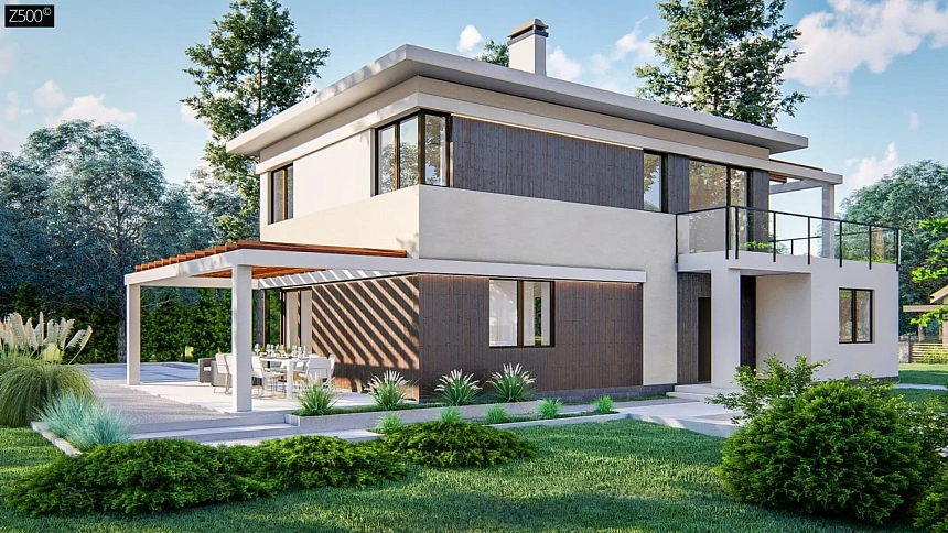 Современный двухэтажный проект дома с навесом