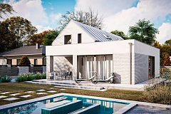 Дом с мансардой, двускатной крышей, гараж на две машины