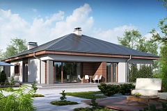 Проект одноэтажного дома с многоскатной кровлей, с фронтальным гаражом.