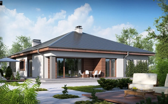 Проект одноэтажного дома с многоскатной кровлей, с фронтальным гаражом.