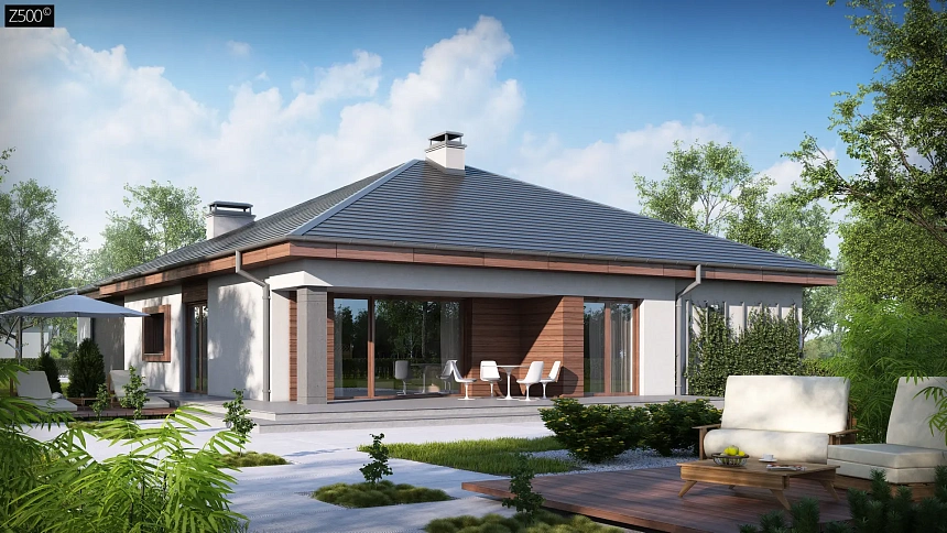 Проект одноэтажного дома с многоскатной кровлей, с фронтальным гаражом.