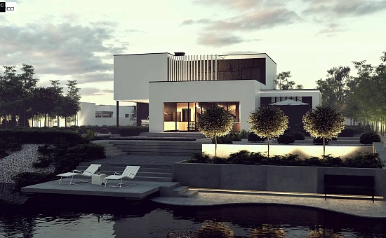 Проект двухуровневого дома в современном стиле с несколькими террасами, гаражом и навесом.