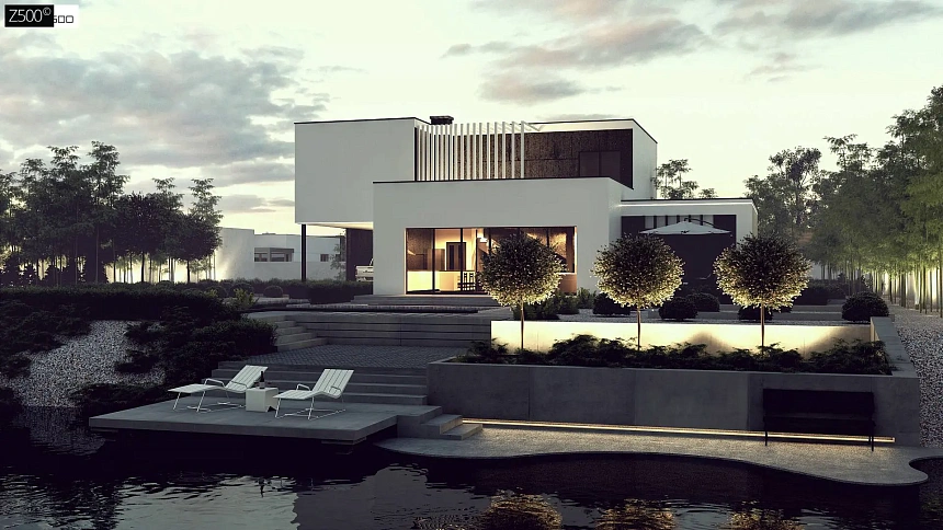 Проект двухуровневого дома в современном стиле с несколькими террасами, гаражом и навесом.