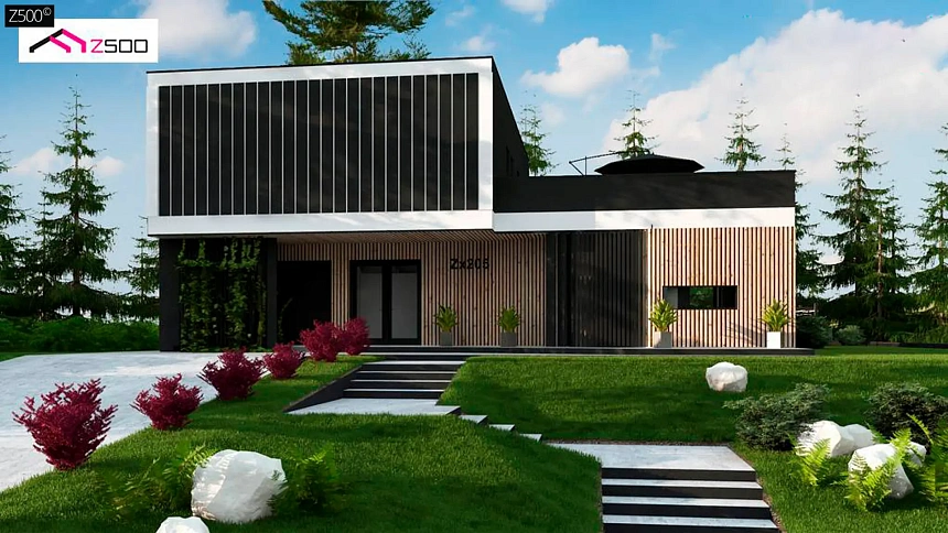 Проект просторного двухуровневого дома с оригинальным современным экстерьером.