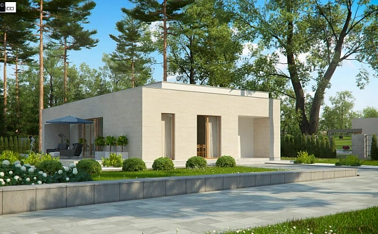 Одноэтажный дом в современном стиле, с большими застекленными окнами