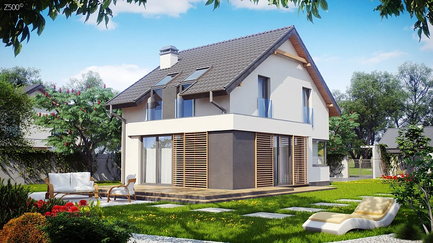 Дом простой энергосберегающей формы со светлым интерьером, подходящий для узкого участка.