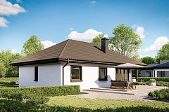 Компактный и удобный одноэтажный дом с многоскатной крышей.