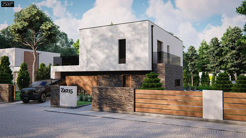 Современный двухэтажный дом с плоской крышей и гаражом на 2 машины, 4 спальни