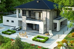 Коттедж в современном стиле с гаражом на две машины и террасой на втором этаже