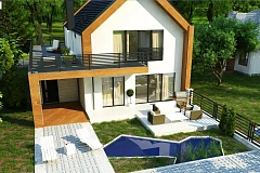 Современный дом с двускатной крышей и гаражом для одного авто