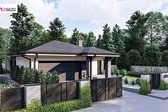 Cовременный одноэтажный дом с многоскатной крышей и гаражом на две машины.