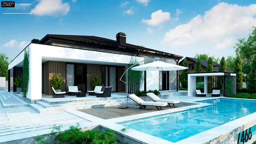 Традиционный одноуровневый дом с функциональным расположением комнат и гаражом на 2 авто.