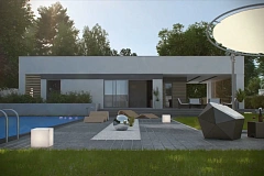 Современный одноэтажный дом хай-тек с навесом для автомобиля