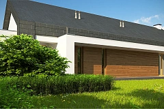 Современный дом с двускатной крышей на узком участке