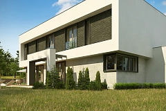 Современный двухэтажный дом с просторной террасой и гаражом на две машины.