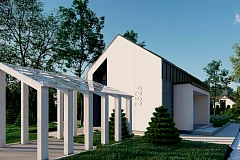 Проект дома для узкого участка с мансардой, большой гостиной и боковой террасой.