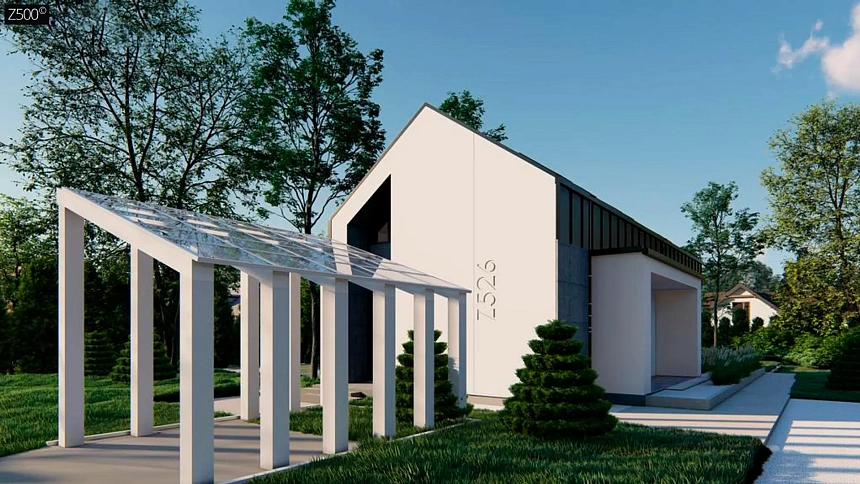 Проект дома для узкого участка с мансардой, большой гостиной и боковой террасой.