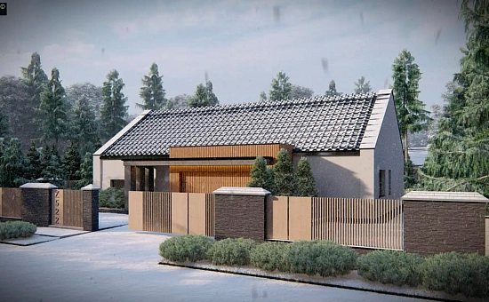 Cовременный одноэтажный дом с 2-х скатной крышей и гаражом