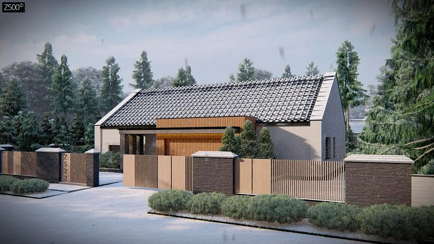 Cовременный одноэтажный дом с 2-х скатной крышей и гаражом