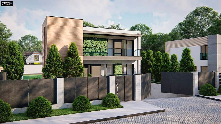 Современный дом с подвалом, гаражом на 2 машины, плоской крышей и балконами.