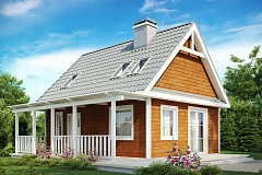 Маленький, уютный дом с мансардой, двускатной крышей и c фронтальной террасой.