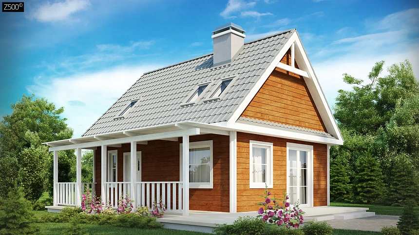Маленький, уютный дом с мансардой, двускатной крышей и c фронтальной террасой.