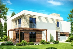 Двухэтажный дома в стиле модерн с практичным интерьером и гаражом для двух автомобилей.