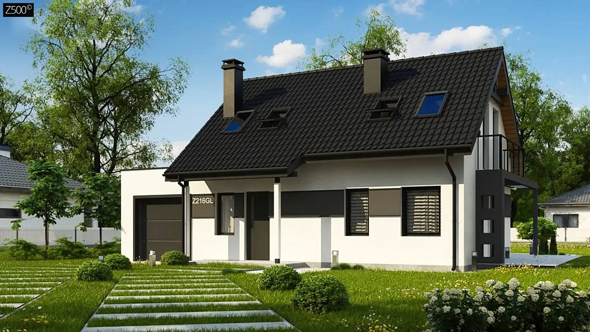 Вариант мансардного дома Z216 с гаражом на одну машину