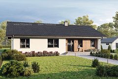 Одноэтажный дом с 4мя комнатами и гостиной в центре.