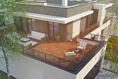 Современный проект домов-близнецов с большим гаражом и террасой на втором этаже.