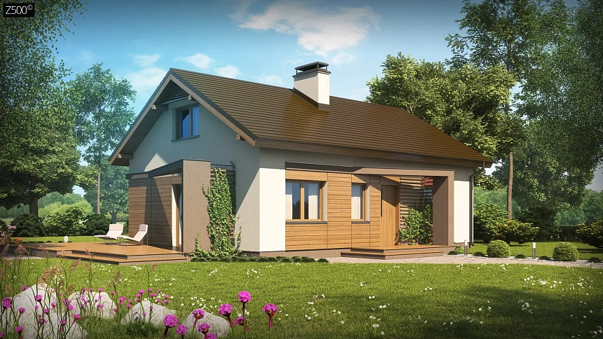 Небольшой одноэтажный дом с оригинальным оформлением террас.