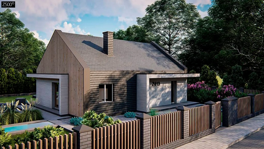 Проект традиционного одноэтажного дома с двускатной крышей.