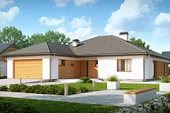 Комфортный одноэтажный дом с выступающим фронтальным гаражом для двух машин.