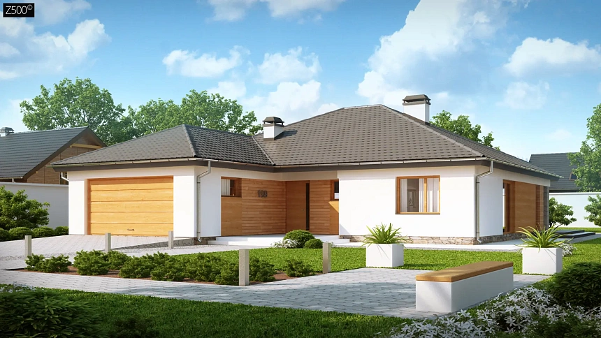 Комфортный одноэтажный дом с выступающим фронтальным гаражом для двух машин.